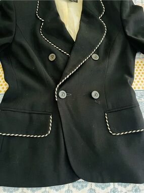Laurel Burch Black Double-Breasted Blazer with White Rope Trim